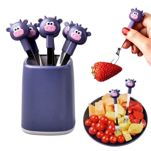6PCS Fruit fork Set, Stainless Steel, Cute Cartoon Calf Animal Design, with Storage Base