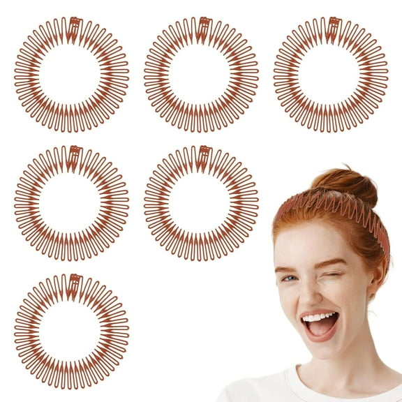 6PCS Full Circular Stretch Comb Hair Band Flexible Plastic Circle Headbands with Teeth for Women Lady Girls(Brown)