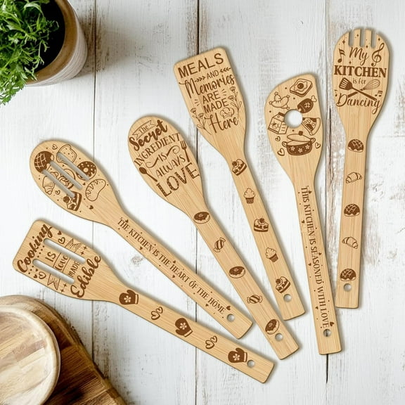 6PCS Funny Kitchen Wooden Kitchen Cooking Utensil Set Non Toxic Bamboo Wood Spoon Set for Cooking Best Housewarming Birthday Thanksgiving Christmas Gift for Women Mother diy