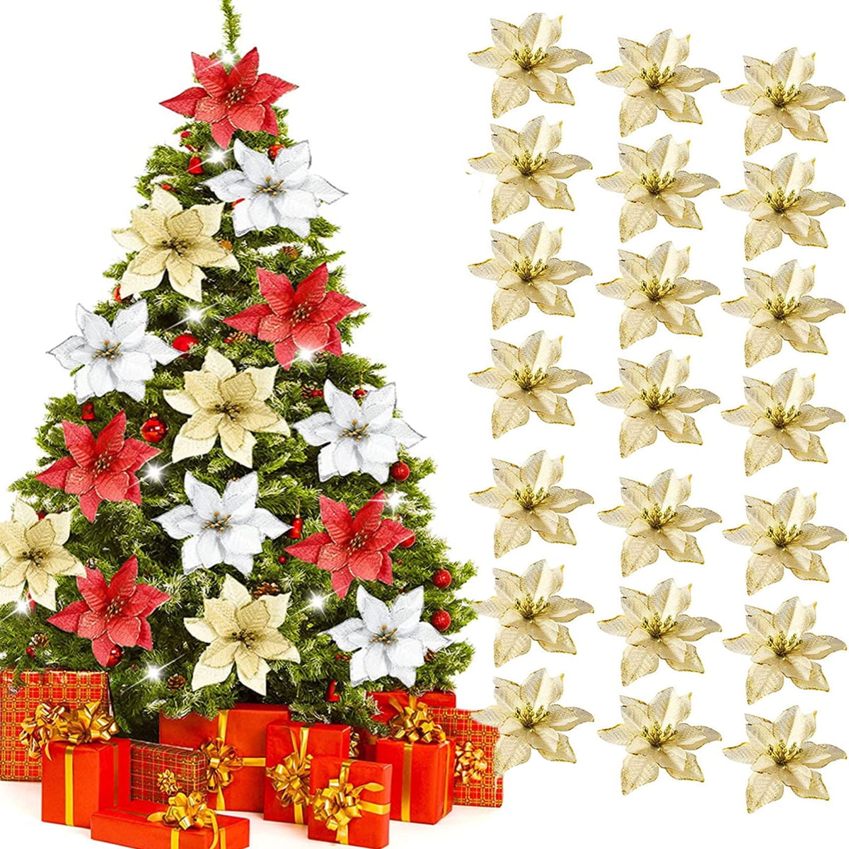 6PCS Glitter Christmas Artificial Flowers Christmas Poinsettia Decor Christmas Tree Wreaths Ornaments for Christmas Home Wedding Party