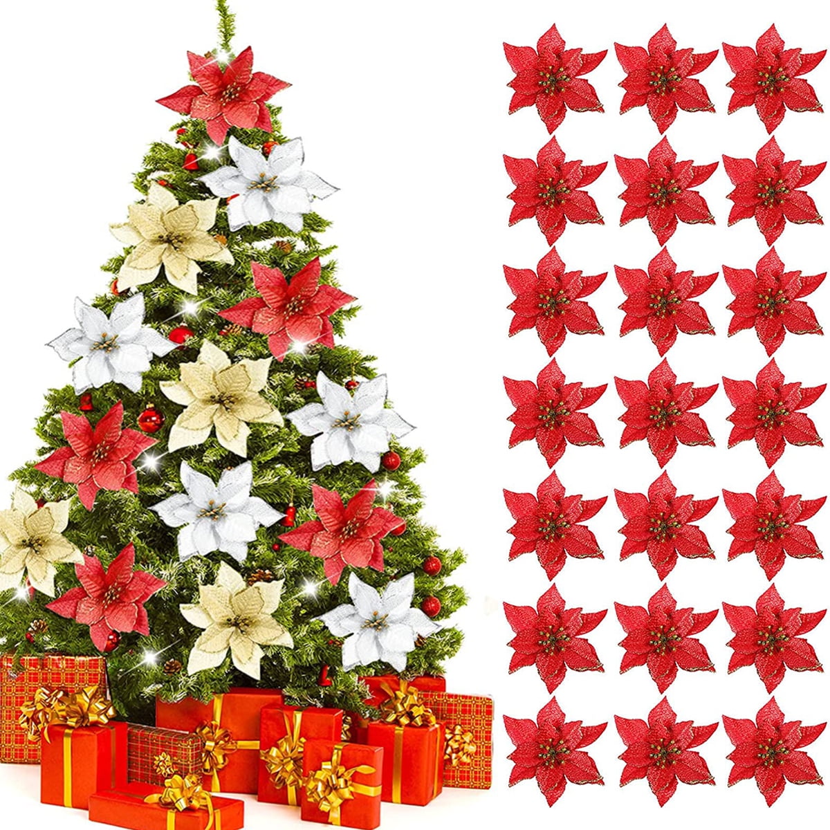 6PCS Glitter Christmas Artificial Flowers Christmas Poinsettia Decor Christmas Tree Wreaths Ornaments for Christmas Home Wedding Party