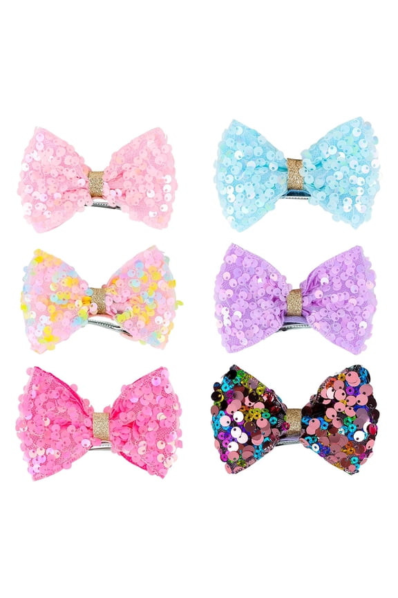 6PCS Glitter Hair Bows Clips Sequins Sparkly Alligator Ponytail Holder Valentines Day Easter Party School Accessories for Women Girl