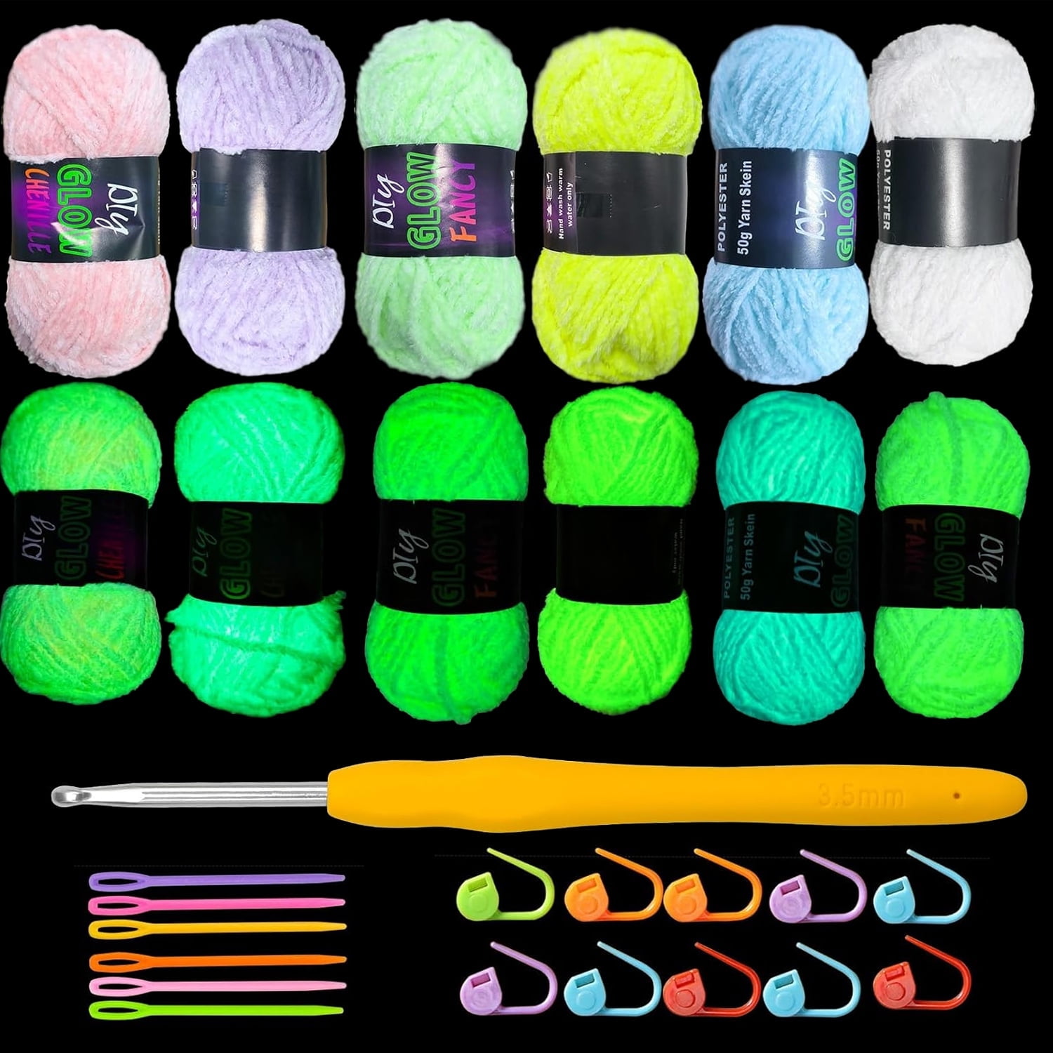 6PCS Glow in The Dark Chenille Yarn 70m/Roll for Crocheting DIY Handcrafts