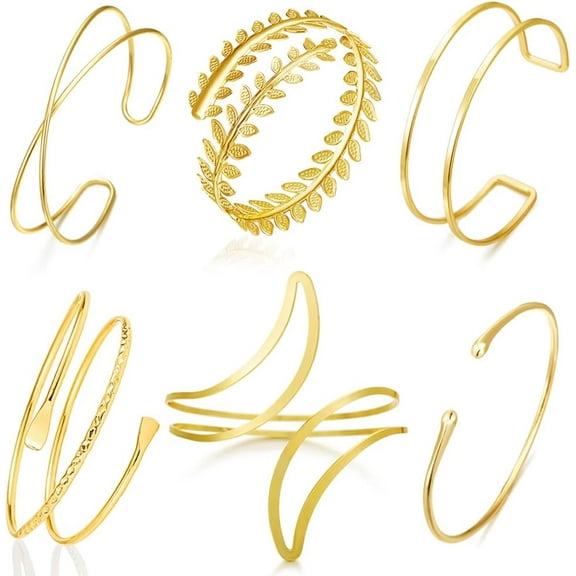 6PCS Gold Arm Cuff Upper Arm Cuff Bracelets for Women Open Upper Arm Cuff Bangle Adjustable Armband Set Jewelry