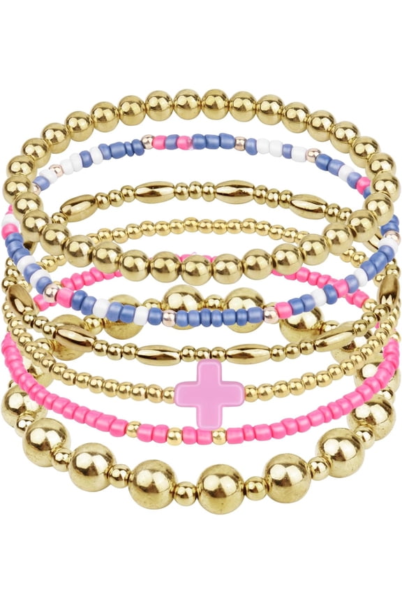 6PCS Gold Beaded Cross Bracelets for Women, Stackable Bohemian Style Stretch Jewelry Set