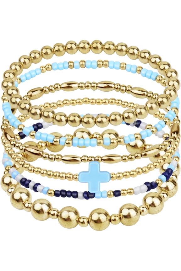 6PCS Gold Beaded Cross Bracelets for Women, Stackable Bohemian Style Stretch Jewelry Set