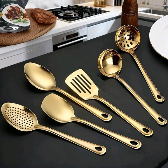 6PCS Gold Stainless Steel Cutlery Set, Serving Spoon Colander Spatula Frying Strainer, Hotel Restaurant Home Kitchen Serving Utensils