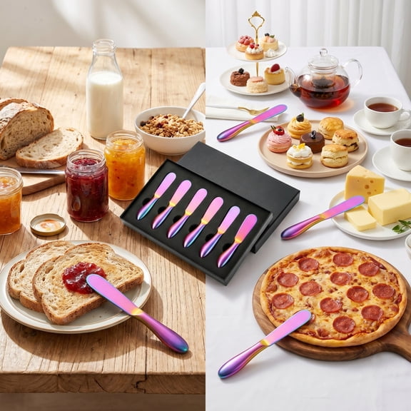 6PCS Gold Titanium Coated Cheese Spreader Knife Set Stainless Steel Curved Handle Spatula with Gift Box for Charcuterie Platter Housewarming Wedding Present