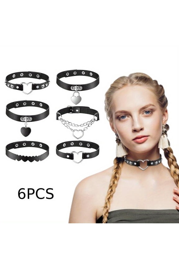 6PCS Gothic PU Leather Chokers, Featuring A Black Punk Y2K Style, Adjustable Collar Suitable for Parties & Festive Occasions