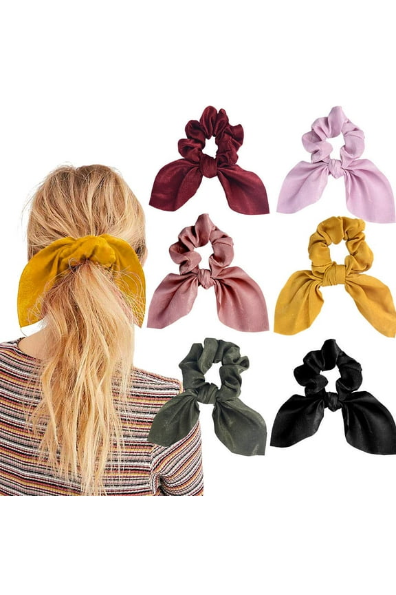 6PCS Hair Scrunchies Satin Silk Rabbit Bunny Ear Bow Bowknot Scrunchie Elastic Hair Ties Bands Ponytail Holder for Women Accessories