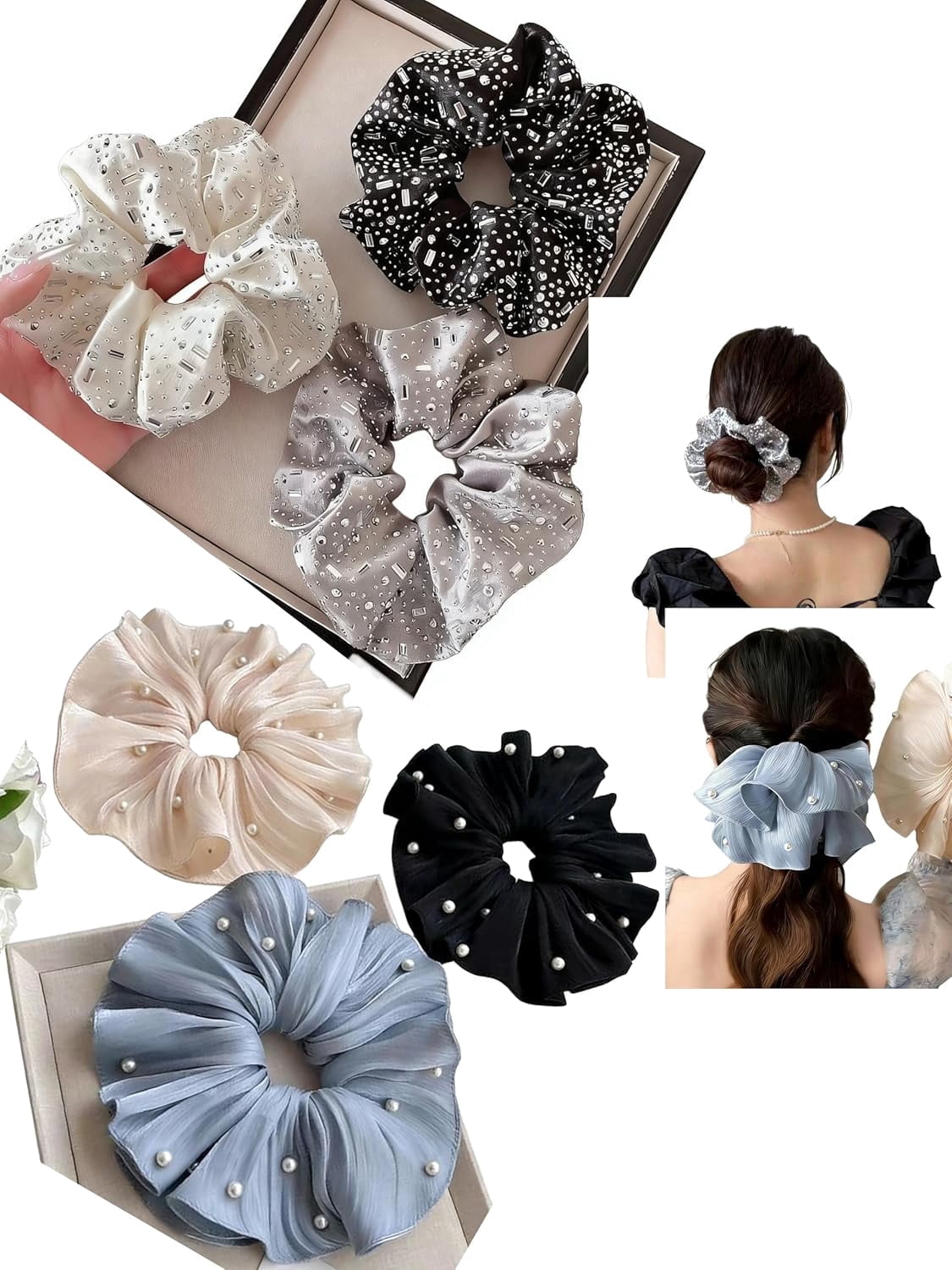 -6PCS Hair Scrunchies for Women, Hair Ties with Pearl Sparkling Diamond, Glitter Sparkle Sequin Hair Bands, Shiny Hair Holders, Bun Crown Shapers, Girls Hair Elastics.