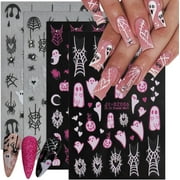 6PCS Halloween Nail Stickers for Nail Art Spider Pink White Ghost Spider Web Nail Art Decals 3D Self-Adhesive Halloween Nails Rhinestones Designs Charms Spider Stickers for Women Manicure Decoration