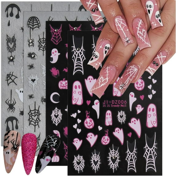 6PCS Halloween Nail Stickers for Nail Art Spider Pink White Ghost Spider Web Nail Art Decals 3D Self-Adhesive Halloween Nails Rhinestones Designs Charms Spider Stickers for Women Manicure Decoration