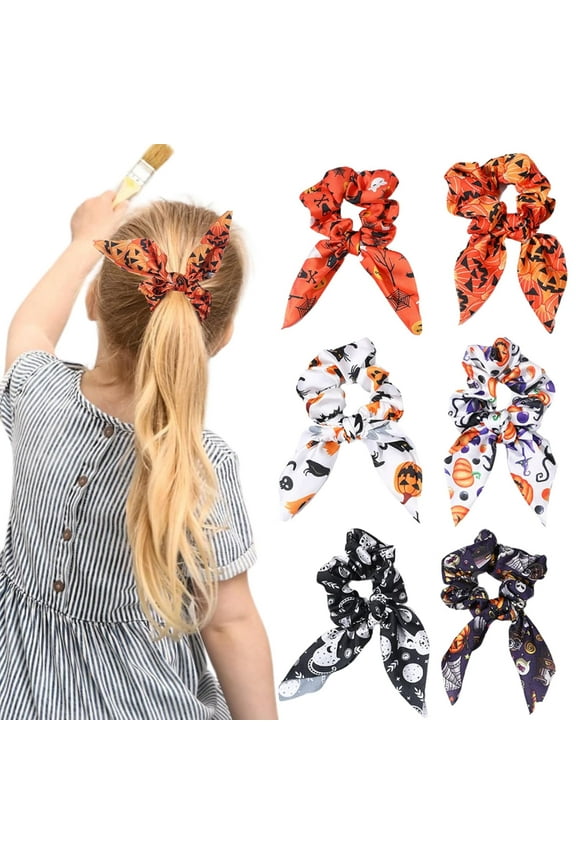 6PCS Halloween Scrunchies Hair Ties, Elastic Pumpkin Owl Cat Spider Web Hair Scarfs with Ribbon Bow, Ghost Bat Elastic Hair Bands Hair Scrunchy Ties for Women and Girls