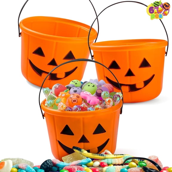 6PCS Halloween Trick or Treat Pumpkin Bucket, Jack O Lantern Candy Basket and Buckets for Trick or Treating, Orange Halloween Pails with Handle for Kids Party Favors Supplies Props
