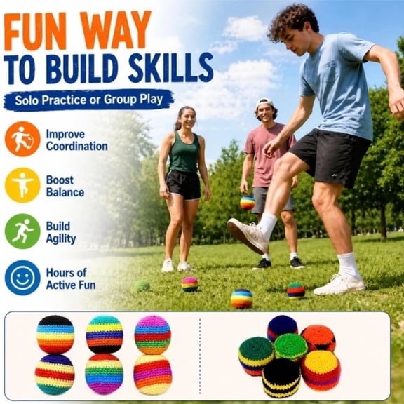 6PCS Hand-Made Knitted Footbag Sack, 2026 Upgraded Assorted Foot Bag Crochet Hacky Ball for Adults, Juggling Balls for Beginners