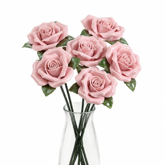 6PCS Handmade Ceramic Roses Pink Ceramic Flowers with Bendable Stems Eternal Blossom Flowers for Vase Filler Home Office Wedding Decorations