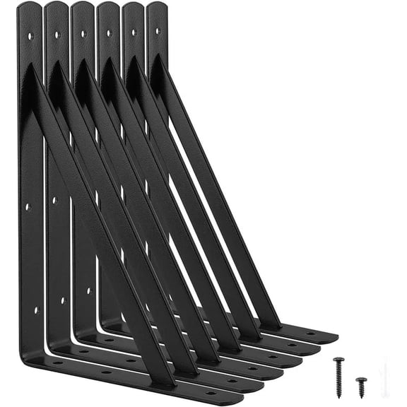 6PCS Heavy-Duty Steel Tripod Floating Shelf Brackets, Black Wall Mount Angle Joint Support Brackets with Mounting Screws
