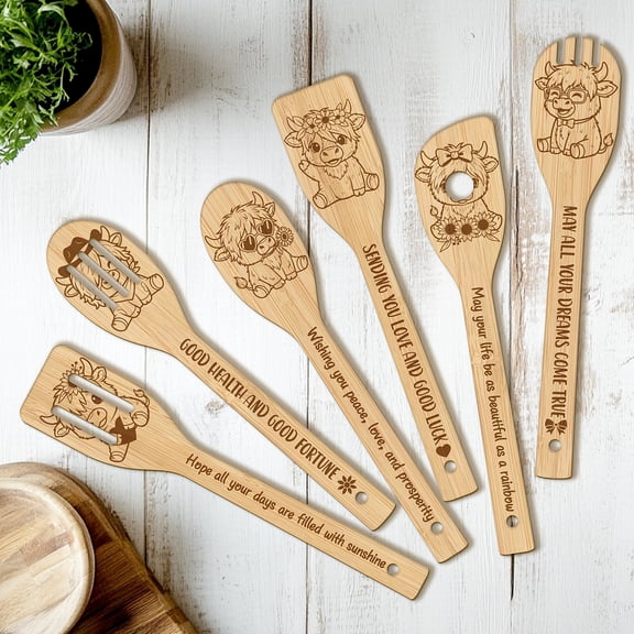 6PCS Highland Cattle Wooden Kitchen Cooking Utensil Set 11.9in Non Toxic Bamboo Wood Spoon Set