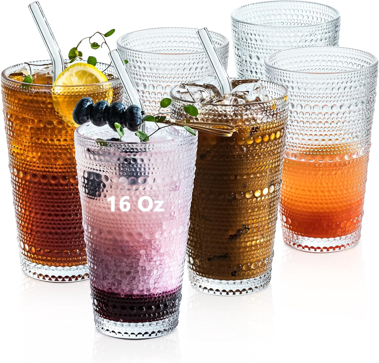 GOROGILE Vintage Blue Hobnail Drinking Glasses – Set Of 12 With Straws (6x15oz & 6x12oz) For Cocktails, Whiskey, Beer