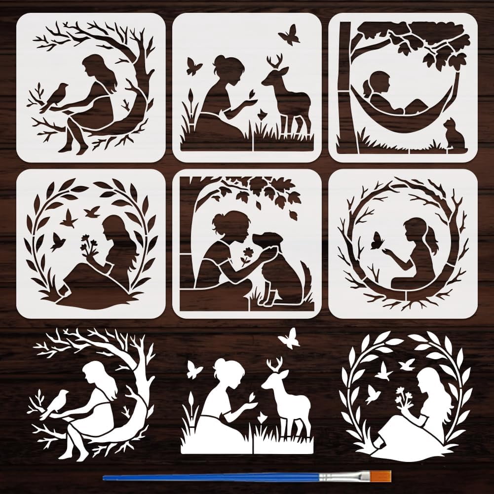 6PCS Humans and Nature Stencils for Painting with Brush 7.9x7.9inch ...