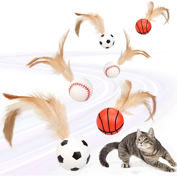 6PCS Interactive Feather Ball Toy for Cats, New Cat Bouncy Ball with Feather Tails, Elastic Cat Toy Balls for Indoor, Rolling Balls for Cats Playing Exercise