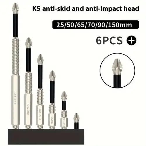 6PCS K5 Impact Screwdriver Bits Set, Magnetic Phillips Drill Bits, Heavy Duty Hex Shank Bits with Anti-Slip Design, High Hardness Driver Bits for Electric Screwdrivers and Power Drills