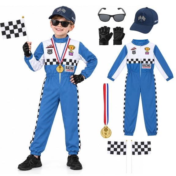6PCS Race Car Driver Costume Racer Jumpsuit with Cap Gloves Flag Sunglasses Medal Halloween Dress Up