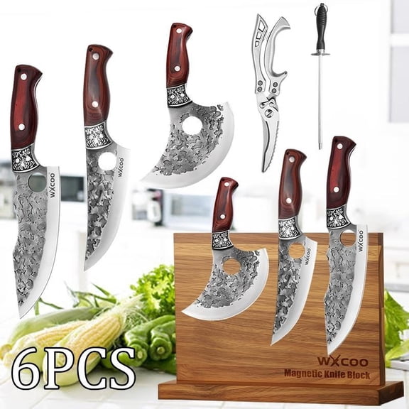 6PCS Kitchen Knife Set Including Stainless Steel Chef Paring Carving Utility and Bread Knives with Magnetic Wooden Block for Professional Meat Fish Slicing and Butchery Excellent Cutting Tools