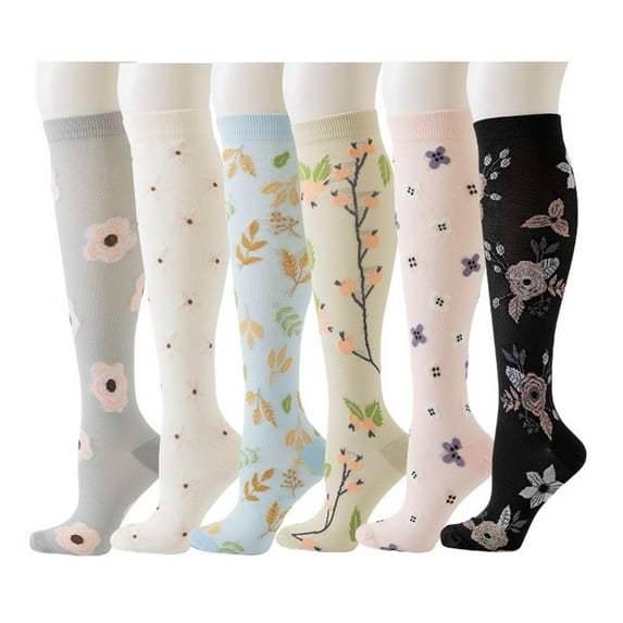 6PCS Knee High Socks for Women Floral Pattern Compression Socks Supportive Stockings for Running Black L