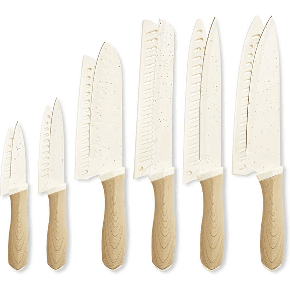 6PCS Knife Set with Covers,Nonstick Ceramic Coating Kitchen Knives Set,Stainless Steel Blade with Guards, Essential Knife Set for Kitchen,White