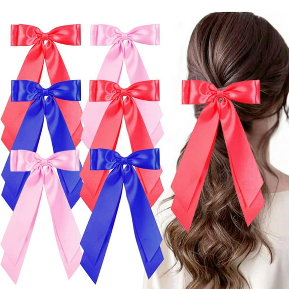 6PCS Large Hair Bows Alligator Clip 4.5" Solid Satin Polyester Ribbon Ponytail Hair Barrettes with Long Tail Wedding Dress Decor Accessories for Women