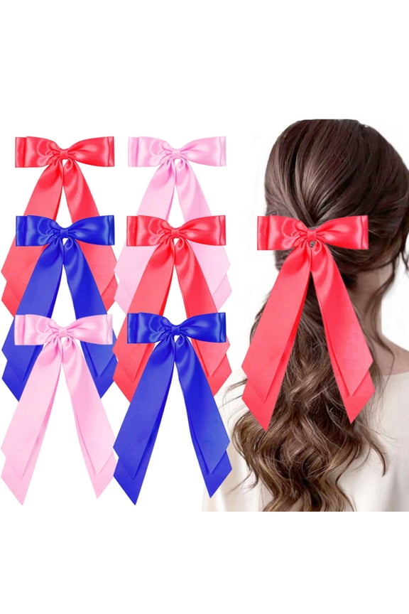 6PCS Large Hair Bows Alligator Clip 4.5" Solid Satin Polyester Ribbon Ponytail Hair Barrettes with Long Tail Wedding Dress Decor Accessories for Women