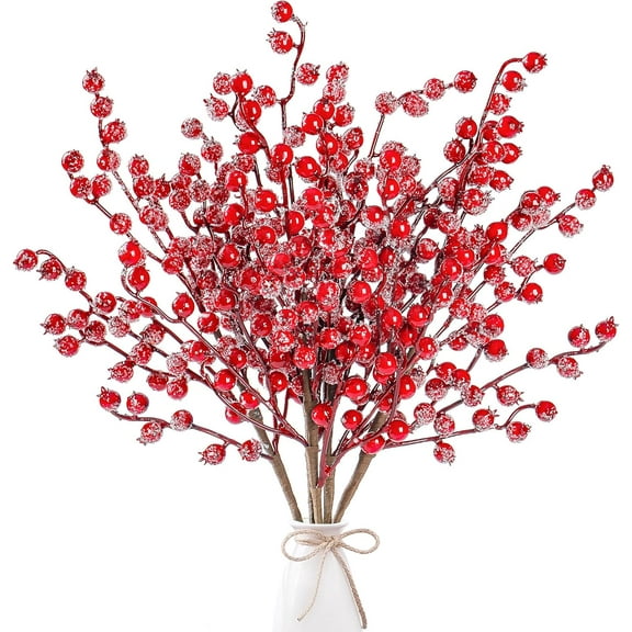 6PCS Large Red Berry Picks, Artificial Christmas Berries Stems with Ice Snow Long Pomegranate Berry for Crafts Garland Home Party Christmas Decoration, 17"