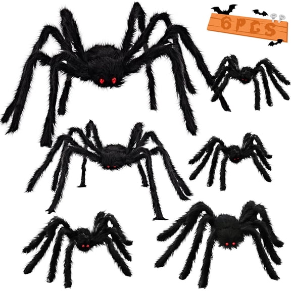 6PCS Large Scary Spiders for Halloween Decorations, Black Hairy Fake Spider Props for Indoor Outdoor Yard House Halloween Decor Party Favors