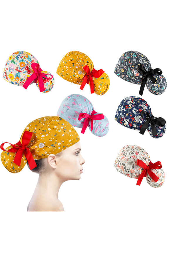 6PCS Lined Scrub Caps, Women Nurse Surgical Hats with Rubber Band Ponytail Working Adjustable Pouch Tie Back