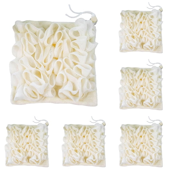 6PCS Loofah Washcloth Combo - 2-in-1 Exfoliating Shower Sponge with Drawstring Soap Holder - Soft Bath Puff Ball for Body Wash & Smooth Skin (Multicolor Set)
