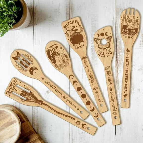 6PCS Magic Witch Wooden Kitchen Cooking Utensil Set, 11.9in Non Toxic Bamboo Wood Spoon Set for Cooking, Best Housewarming Halloween Decor Gift for Women Mother