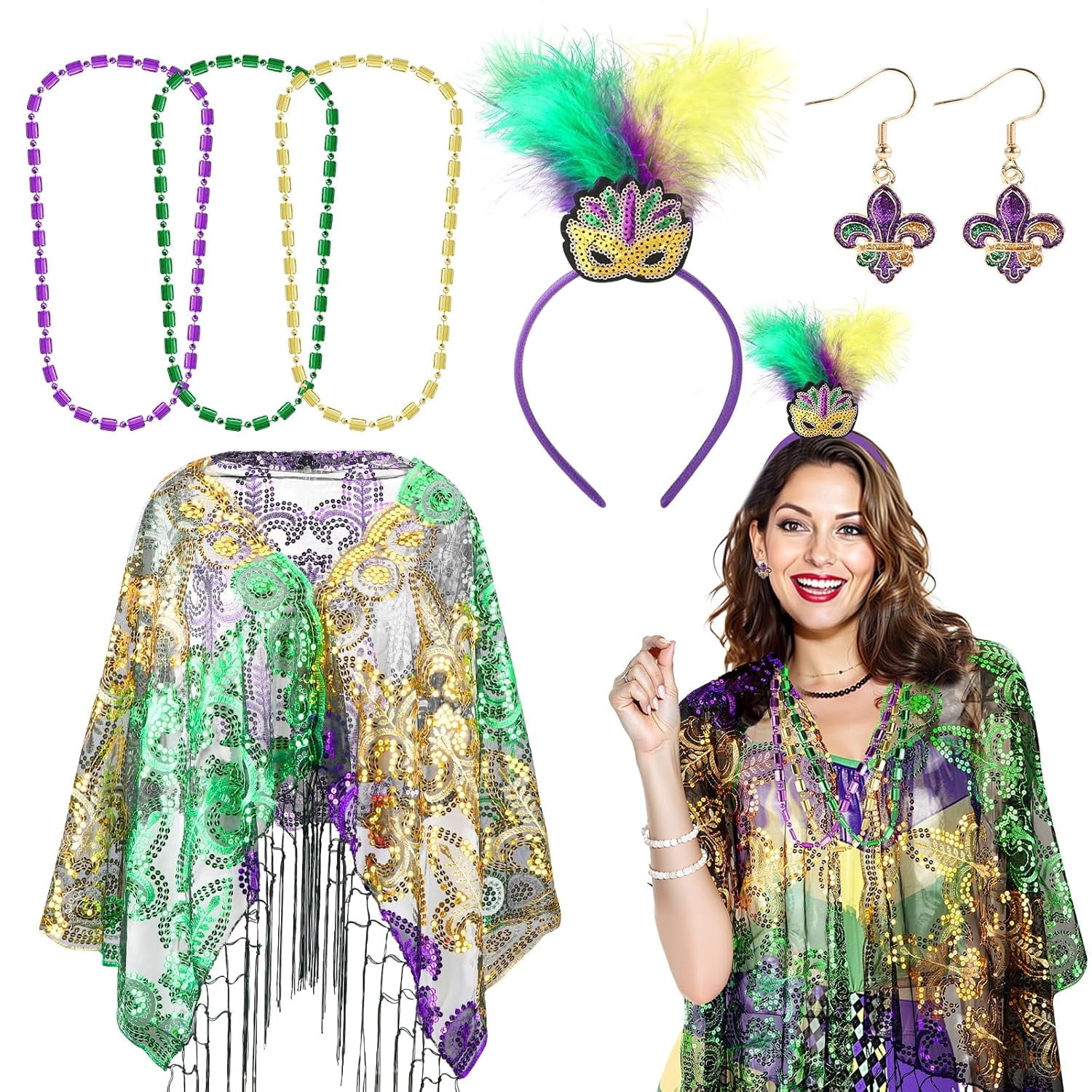 6PCS Mardi Gras Costume Accessory Set for Women Shawl Scarf 