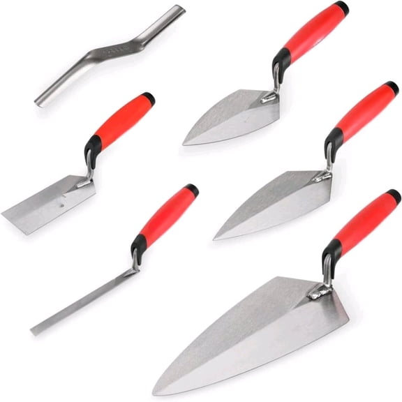 6PCS Masonry Hand Tool Set - 11" x 5-1/2" Philadelphia Brick Trowel, 2PC Pointing Trowel, 5" x 2" Margin Trowel, 1/2" Tuck Pointing Trowel, 5/8 x 1/2 Convex Brick Jointer