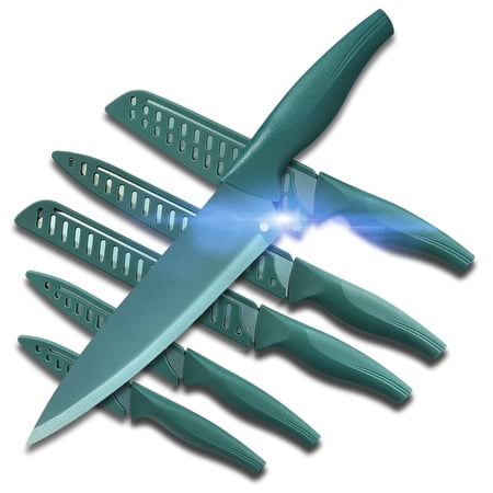 12PCS Matte Green Titanium Stainless Steel Knife Set, Sharp Kitchen Knife Set Professional, Kitchen Knife Set Dishwasher Safe with Covers for Cooking