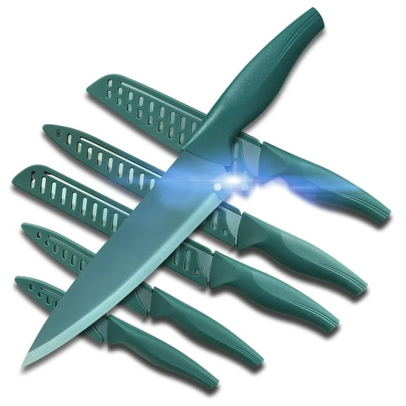 12PCS Matte Green Titanium Stainless Steel Knife Set, Sharp Kitchen Knife Set Professional, Kitchen Knife Set Dishwasher Safe with Covers for Cooking
