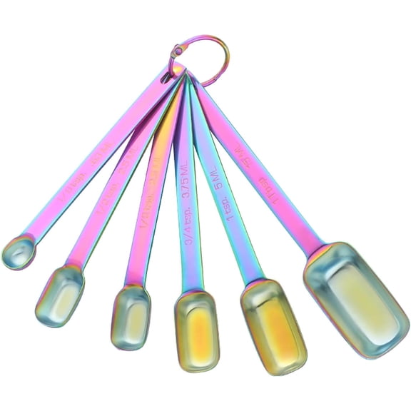6PCS Measuring Spoons Set, Premium Heavy Duty Stainless Steel Metal Kitchen Measuring Tools Set, for Cooking Baking, for Dry or Liquid, Fits in Spice Jar - Rainbow