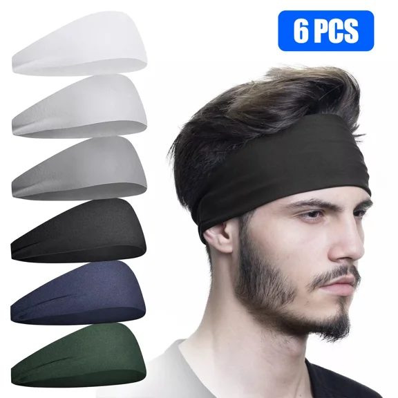 6PCS Men Women Sport Headband Moisture Wicking Sweat Band Elastic Wide Hair Band