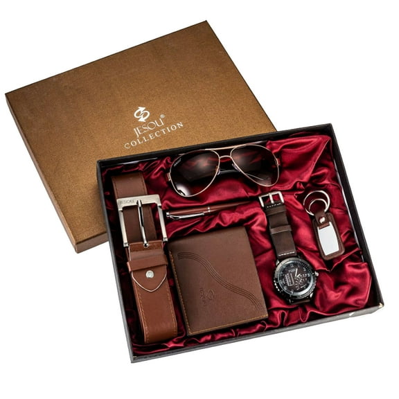 6PCS Men's Gift Box Set - Includes Leather Belt, Wallet, Watch, Glasses, Keychain, and Ballpoint Pen - Perfect for Birthday, Wedding, Anniversary, and Father's Day Gifts for Men