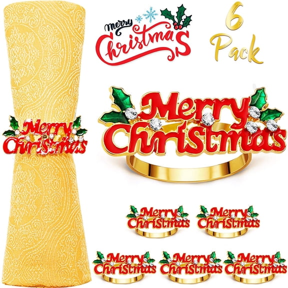 6PCS Merry Christmas Napkin Rings Holders, Alloy Rhinestone Metal Xmas Letter Napkin Rings for Christmas Dinner Home Table Settings Kitchen Decorations