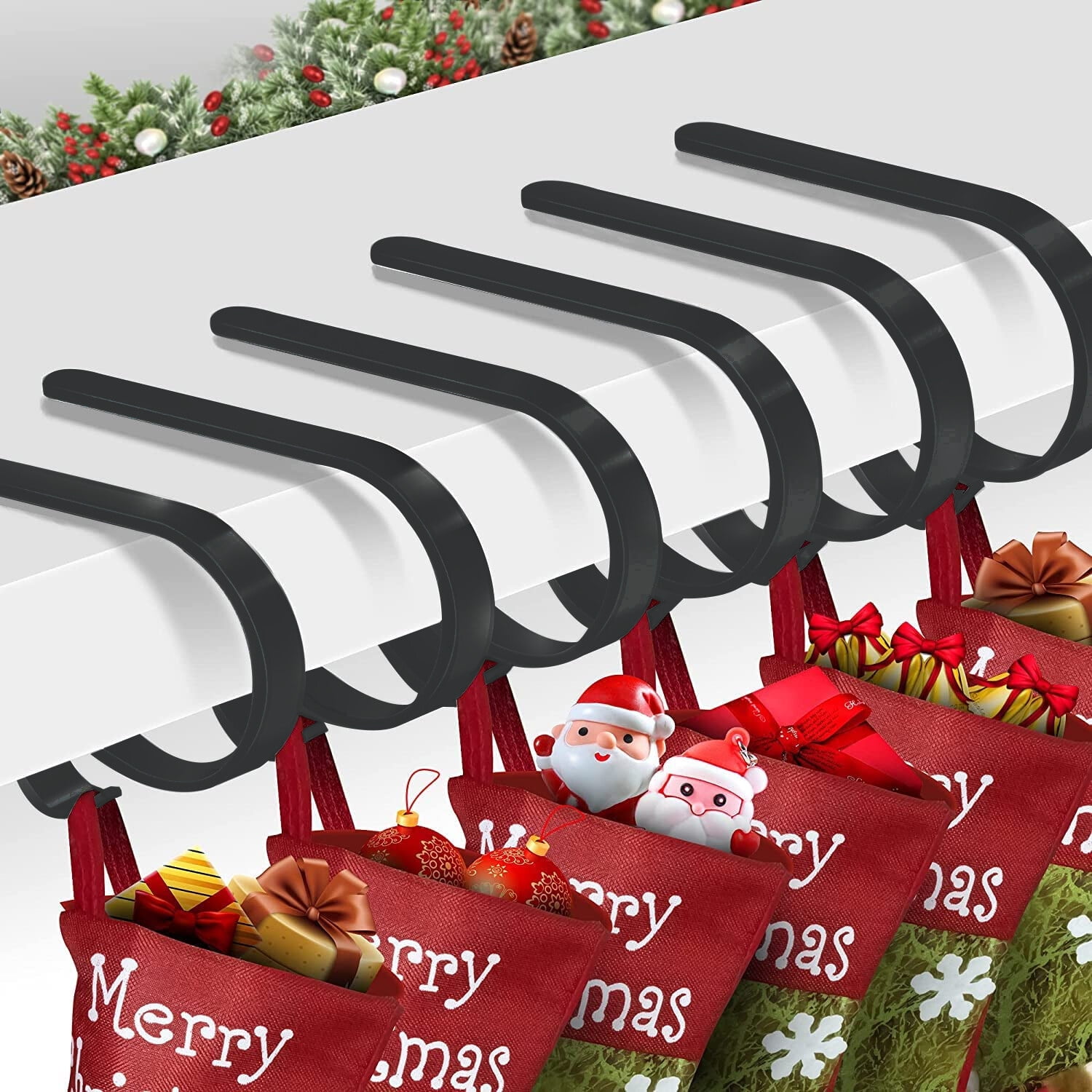Black Adjustable Metal Christmas Stocking Holders Set of 6