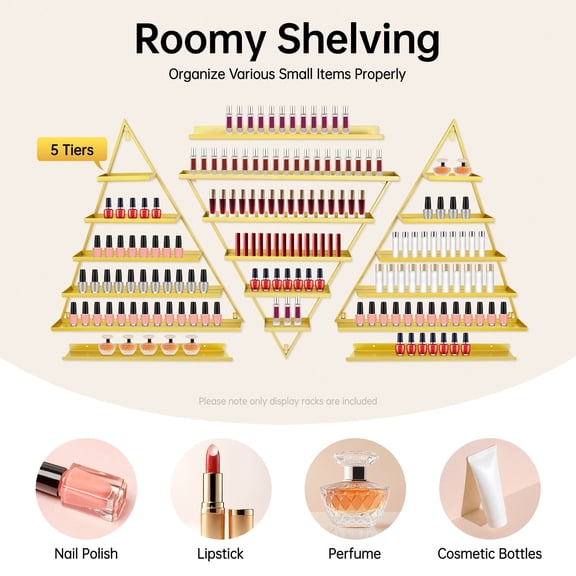 6PCS Metal Wall-Mounted Nail Polish Storage Racks, 5 Tiers Triangular Display Rack Cosmetic Display Cases Polish Shelves, Essential Oil Organizers Lipstick Perfume Shelf for Home (Gold)