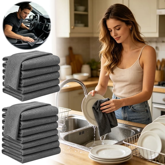 6PCS Microfiber Cleaning Cloths, Reusable Lint Free Streak Free Heavy Duty, for Kitchen Glass Car with Sponge, Fast Drying Washable, Topliu