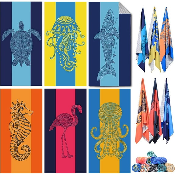 6PCS Microfiber Soft Beach Towel Oversized 72" x 36" Extra Large XL Pool Blanket Set Sand Free Mat , Travel Swim Quick Dry Towels Sand proof Bulk Camp Gift for Women Men Adults Blue Shark Flamingo